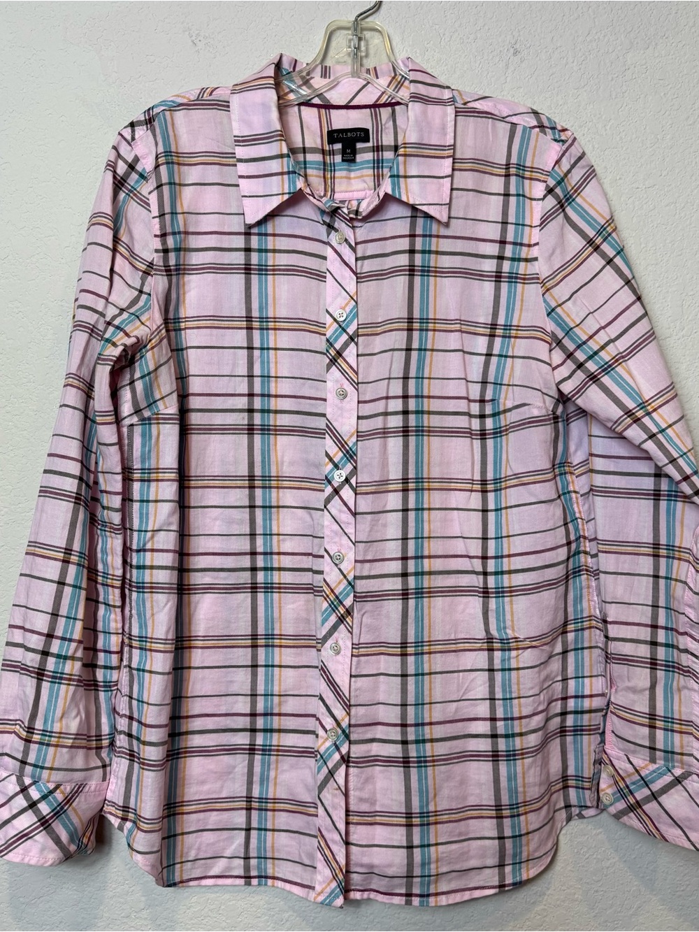 Talbots 100% Cotton Pink Plaid Button-Down Shirt Blue & Brown Stripes Women’s M